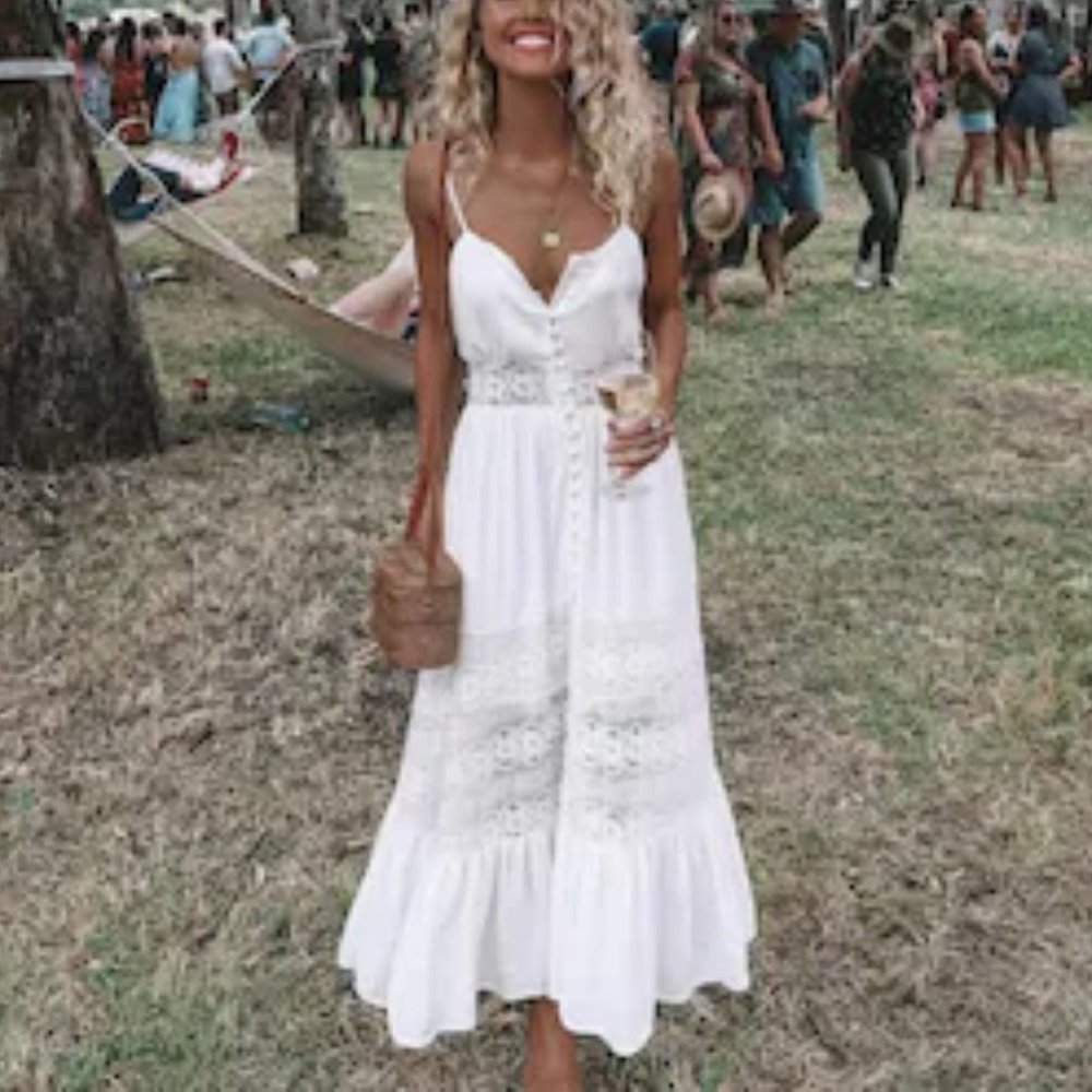 Vacay Style Lace Details tie back midi Dress summer